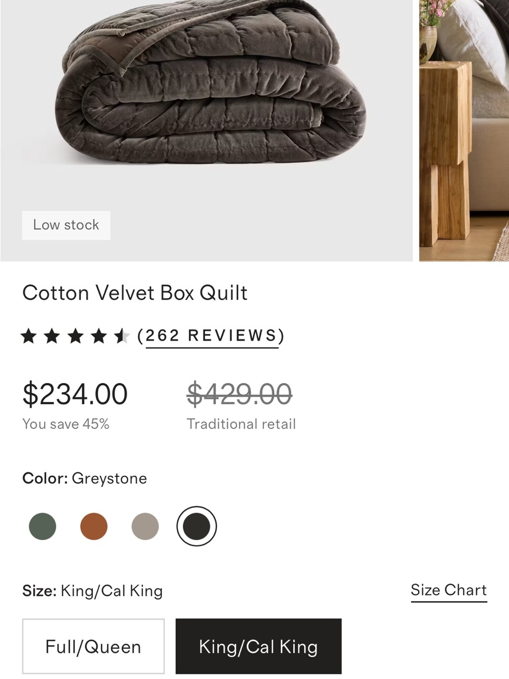 Quince Cotton Velvet Quilt King/California King - Greystone Gray NWOT - Picture 4 of 4